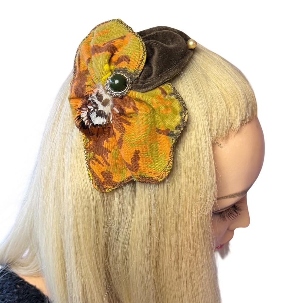 Handmade Camo Velvet Fascinator Headband Feather Bead Steampunk Whimsigoth OS